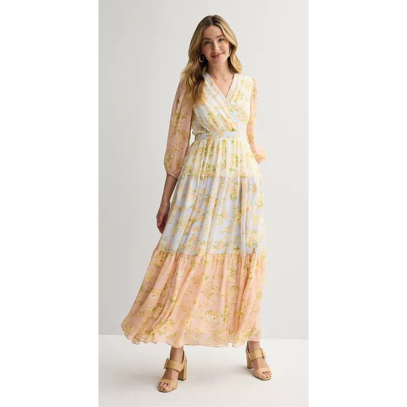 NWT Taylor Yellow Floral Foldover Patchwork Tiered Maxi Dress Womans Size 20W - Picture 1 of 6